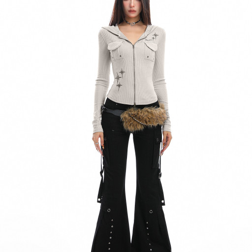 美式辣妹柳釘工裝微喇休閑褲女重工街頭修身顯瘦拖地長褲