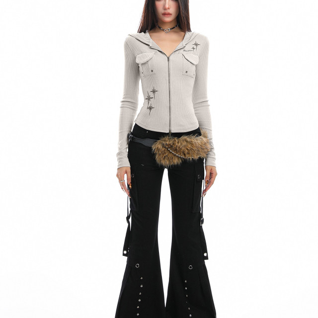 美式辣妹柳釘工裝微喇休閑褲女重工街頭修身顯瘦拖地長褲