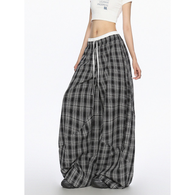 美式爵士舞雙腰頭休閑格子闊腿褲女松弛感直筒拖地長褲潮