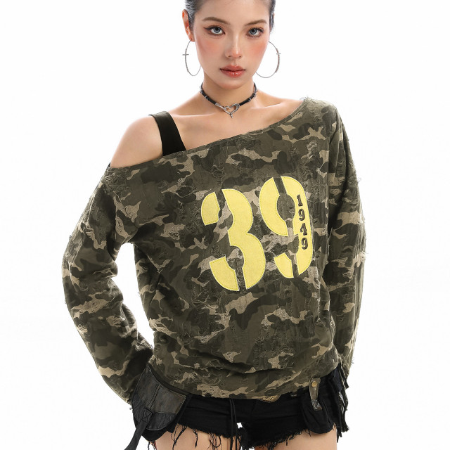 辣妹斜肩迷彩字母長袖T恤女秋季抽繩綁帶露肩顯瘦內搭上衣