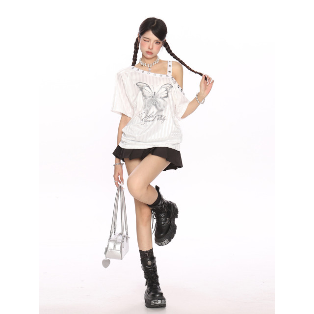 幻影蝴蝶條紋斜肩吊帶短袖T恤女夏季y2k甜酷漏肩顯瘦上衣