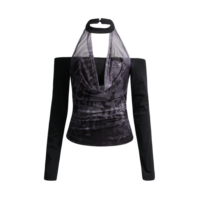 辣妹網紗掛脖一字肩長袖T恤女秋季純欲風露肩顯瘦內搭上衣