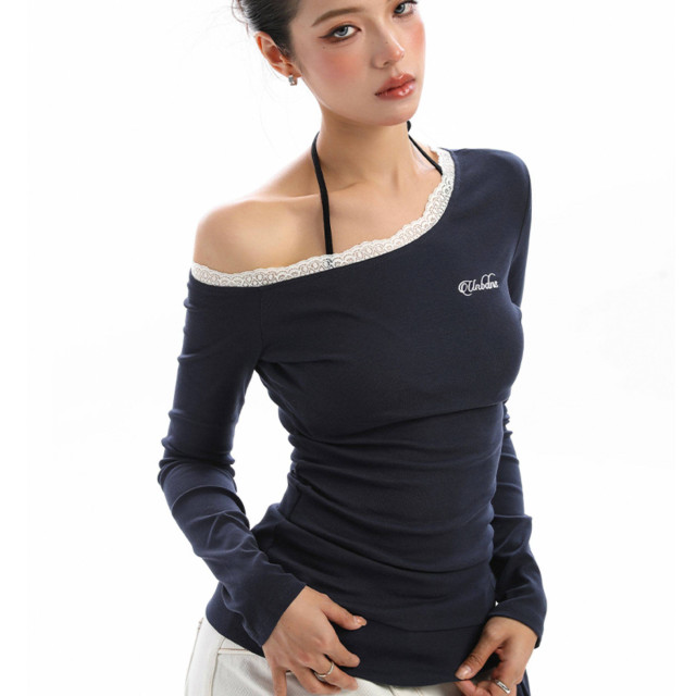 設計感蕾絲邊斜肩長袖T恤女秋季韓系系帶內搭打底衫上衣潮
