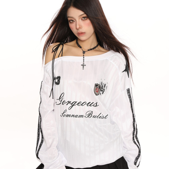 美式斜肩綁帶長袖衛衣女春季辣妹顯瘦露肩運動風球衣上衣