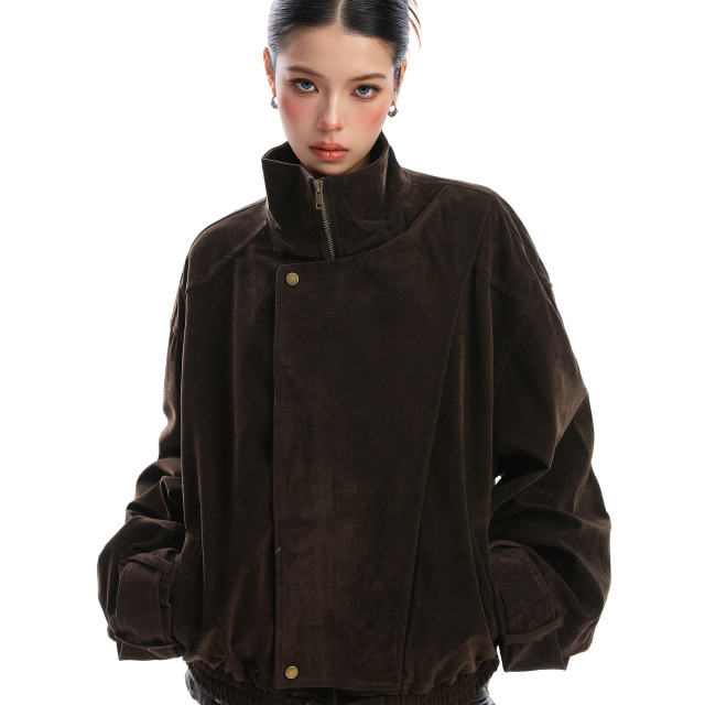 美式麂皮絨解構立領工裝外套女秋冬美拉德老錢拉鏈夾克潮
