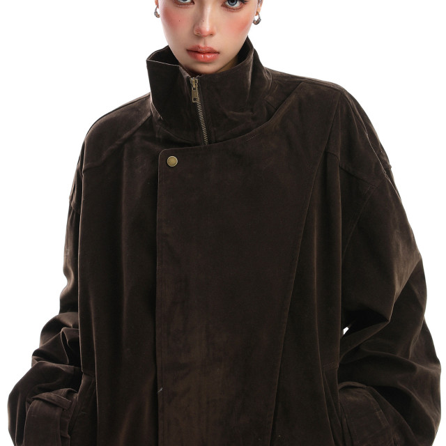 美式麂皮絨解構立領工裝外套女秋冬美拉德老錢拉鏈夾克潮