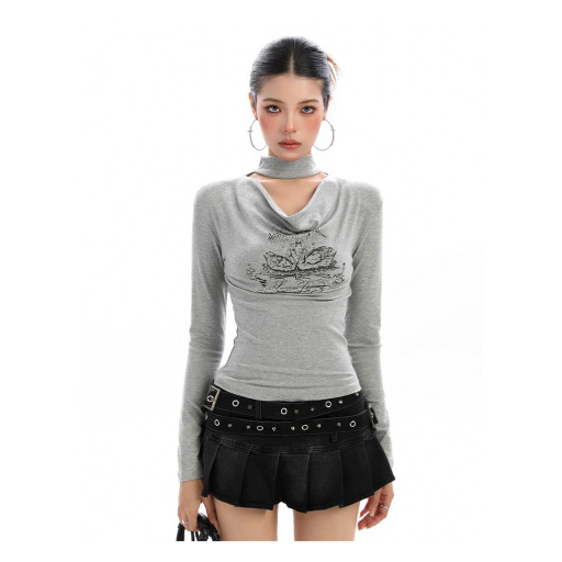 辣妹掛脖蕩領長袖T恤女秋季氣質純欲鏤空顯瘦內搭打底上衣