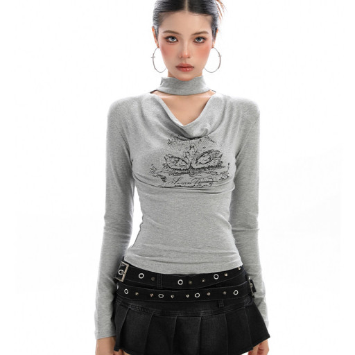 辣妹掛脖蕩領長袖T恤女秋季氣質純欲鏤空顯瘦內搭打底上衣