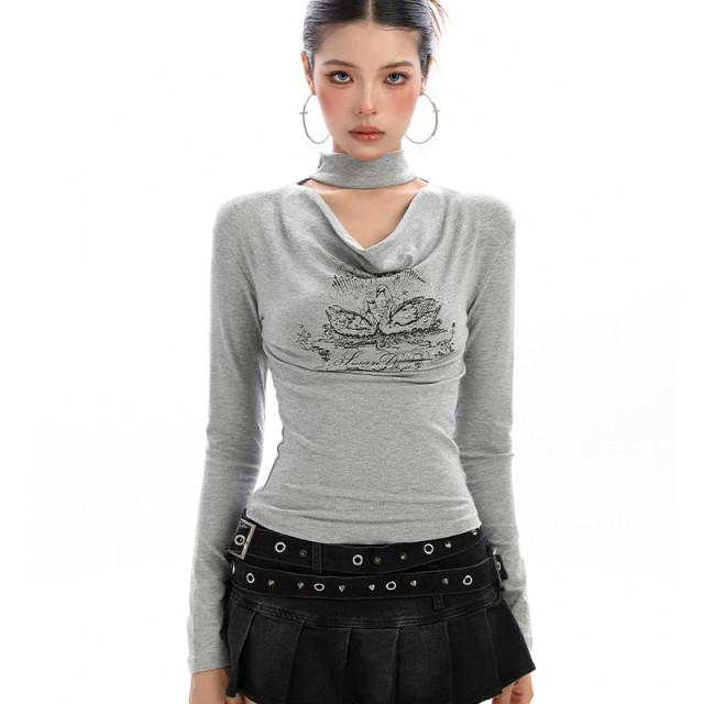 辣妹掛脖蕩領長袖T恤女秋季氣質純欲鏤空顯瘦內搭打底上衣