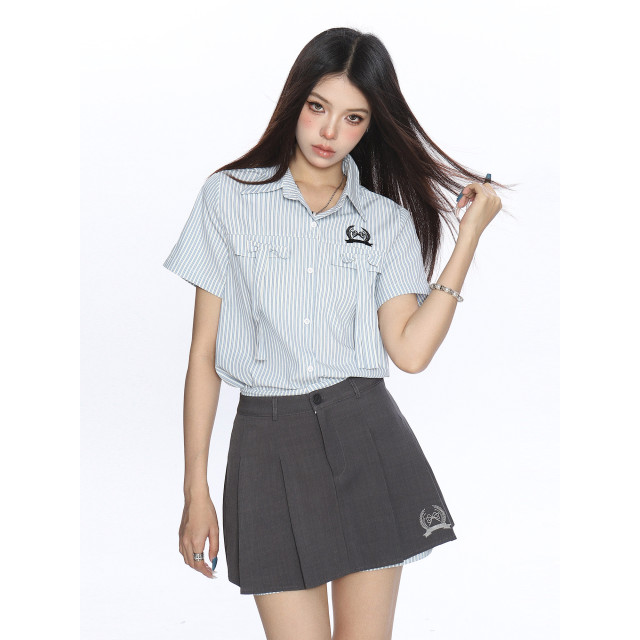 韓系穿搭豎條紋Polo領襯衫套裝女夏季a字顯瘦百褶裙兩件套