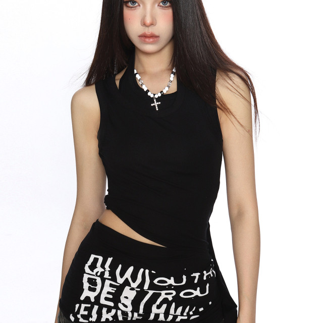 設計感辣妹性感露腰T恤女夏季不規則收腰顯瘦無袖背心上衣