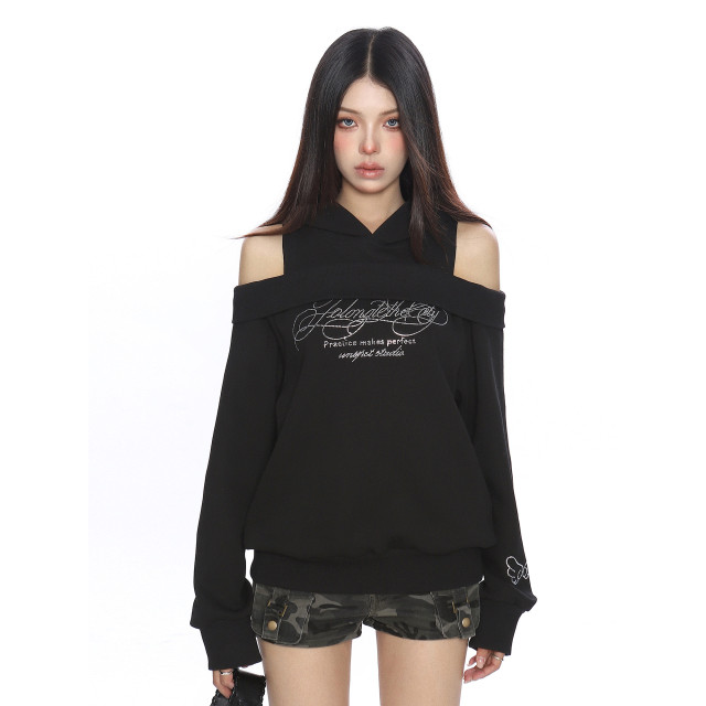 美式燙鉆露肩連帽衛衣女秋冬設計感假兩件寬松休閑上衣潮