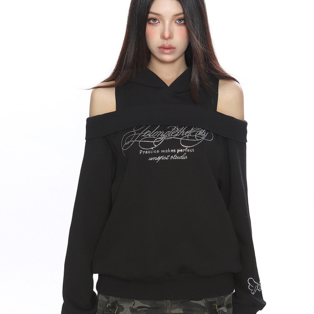 美式燙鉆露肩連帽衛衣女秋冬設計感假兩件寬松休閑上衣潮