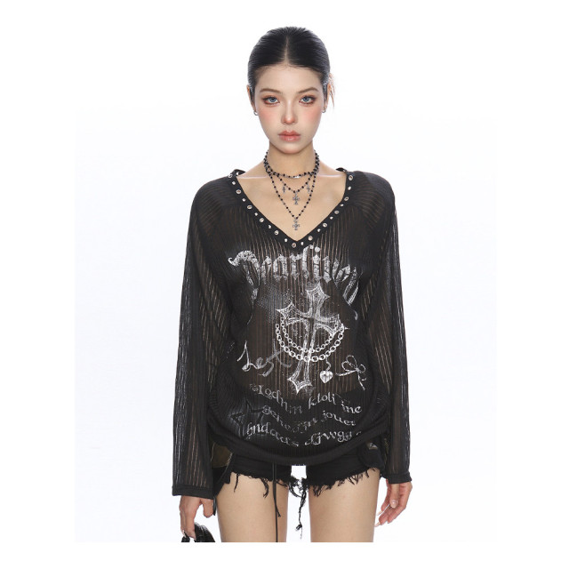 十字架辣妹v領寬松長袖t恤女夏季薄微透防曬罩衫斜肩上衣