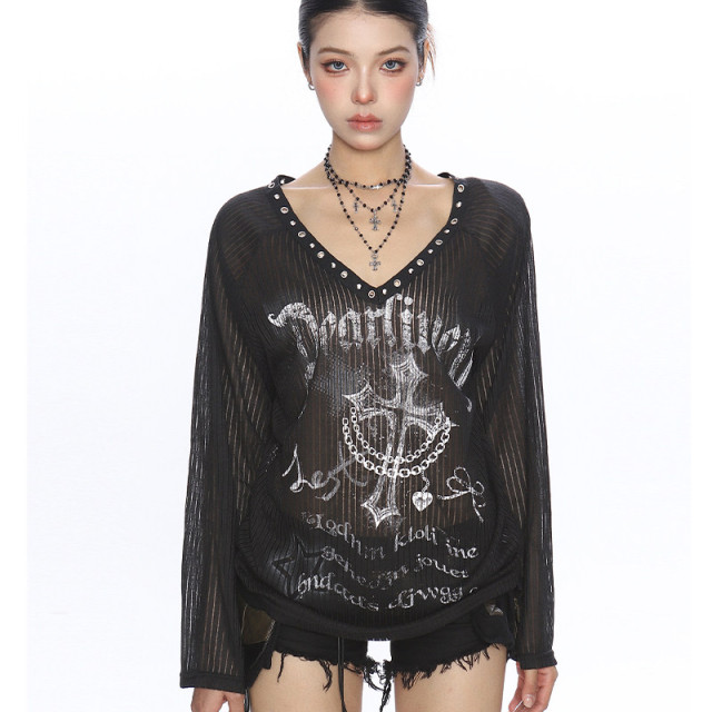 十字架辣妹v領寬松長袖t恤女夏季薄微透防曬罩衫斜肩上衣