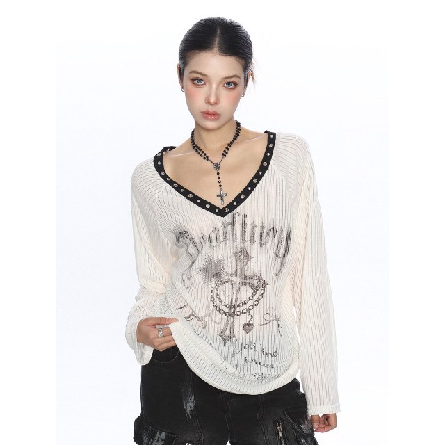 十字架辣妹v領寬松長袖t恤女夏季薄微透防曬罩衫斜肩上衣