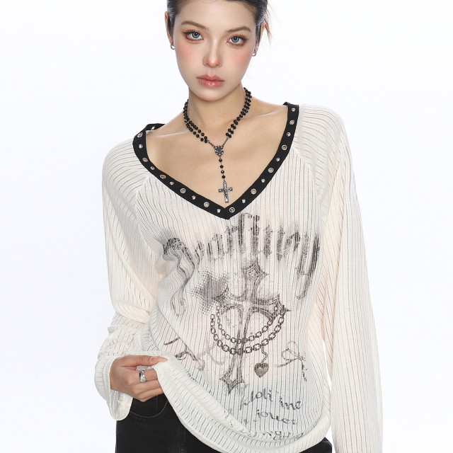 十字架辣妹v領寬松長袖t恤女夏季薄微透防曬罩衫斜肩上衣