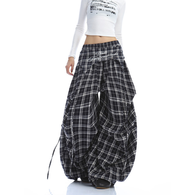 美式字母刺繡格子屁簾彎刀闊腿褲女休閑百搭闊腿拖地長褲