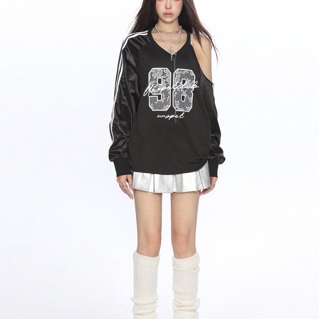 辣妹蕾絲字母露肩v領長袖衛衣女秋季寬松顯瘦運動球衣上衣