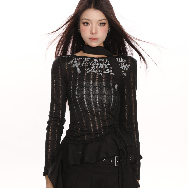 辣妹收腰抽繩鏤空針織衫T恤女春夏修身顯瘦精致內搭上衣潮