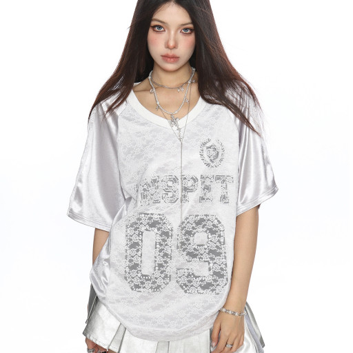 緞面蕾絲拼接v領短袖T恤球衣女夏季澤西風運動顯瘦上衣潮