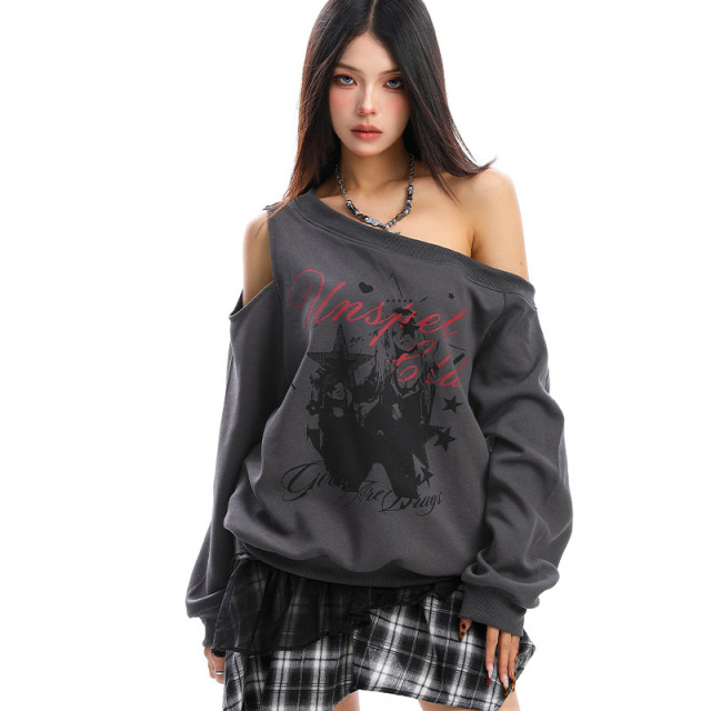 輕亞風y2k塗鴉斜肩衛衣女秋季設計感露肩顯瘦寬松百搭上衣
