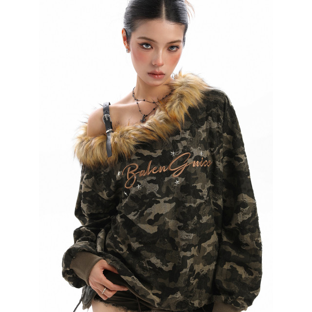 美式辣妹迷彩斜肩衛衣女秋冬可拆卸毛領露肩顯瘦寬松上衣