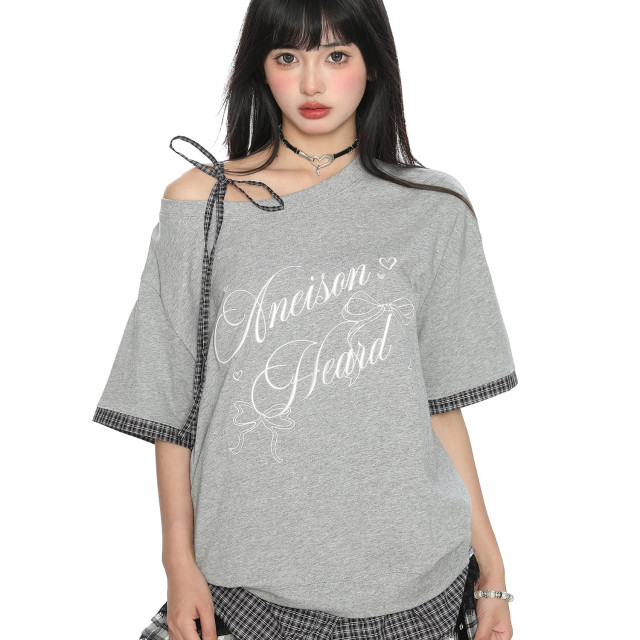 蝴蝶結字母假兩件斜肩綁帶短袖T恤女夏季韓系穿搭顯瘦上衣