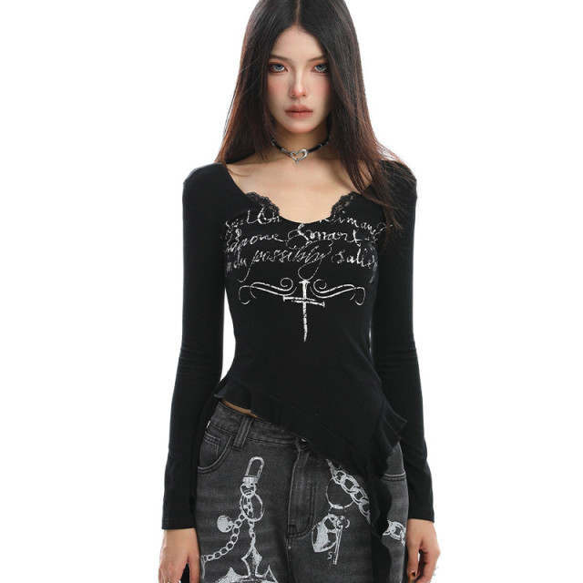 不規則設計感v領蕾絲邊長袖T恤女秋季辣妹顯瘦內搭上衣潮