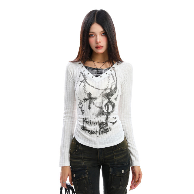 亞文化辣妹假兩件長袖薄款針織T恤女秋季收腰顯瘦上衣潮