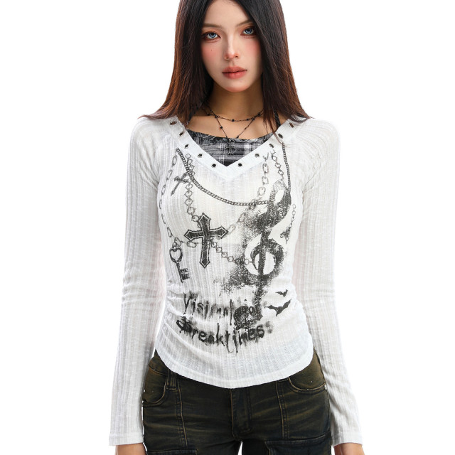 亞文化辣妹假兩件長袖薄款針織T恤女秋季收腰顯瘦上衣潮