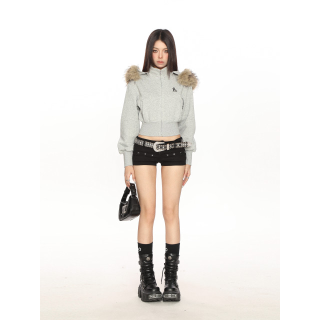 美式連帽大毛領可拆卸短款衛衣女春秋加絨辣妹開衫外套潮