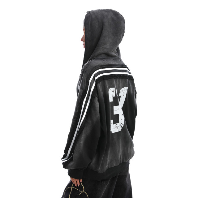 美式水洗做舊字母杠條連帽衛衣女秋冬情侶寬松開衫外套潮