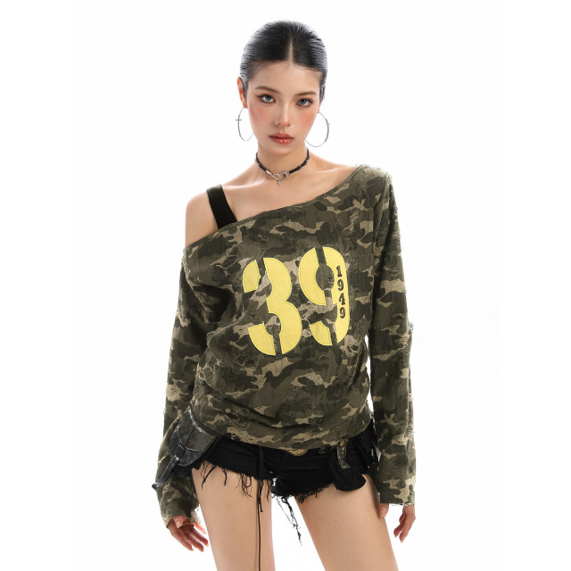 辣妹斜肩迷彩字母長袖T恤女秋季抽繩綁帶露肩顯瘦內搭上衣