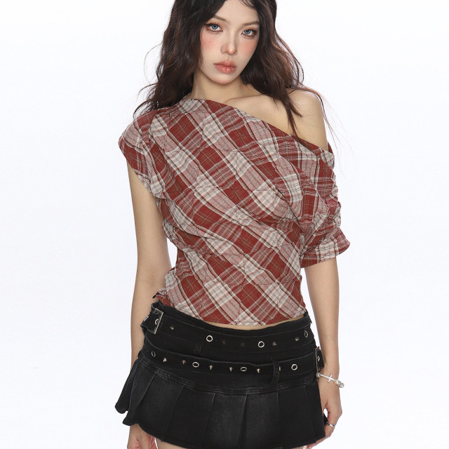 辣妹撞色格子斜肩短袖T恤女夏季設計感韓系露肩顯瘦上衣潮