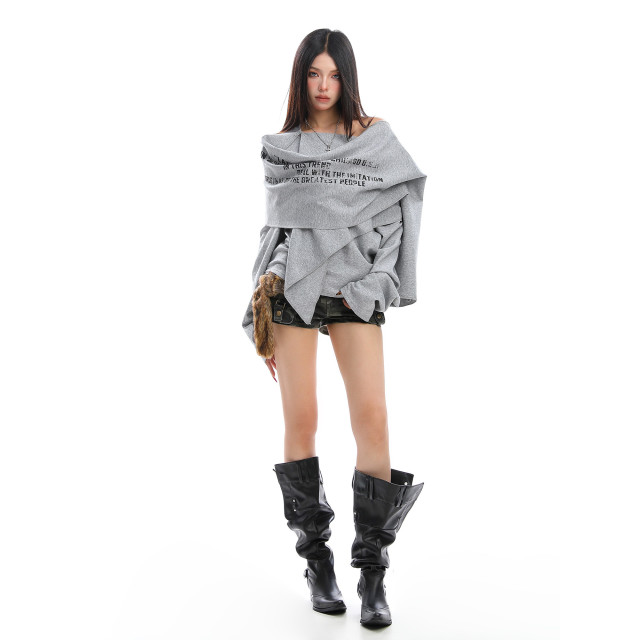 設計感不規則印花斜肩長袖衛衣女秋冬慵懶感疊穿顯瘦上衣