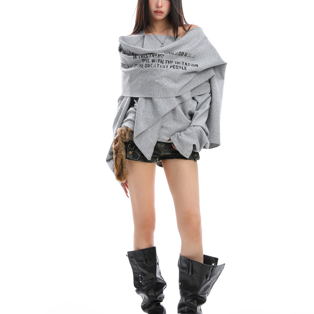 設計感不規則印花斜肩長袖衛衣女秋冬慵懶感疊穿顯瘦上衣