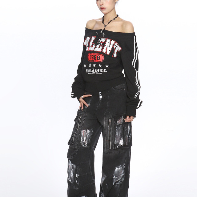 美式杠條一字肩拉鏈長袖衛衣女春秋辣妹運動風休閑球衣潮