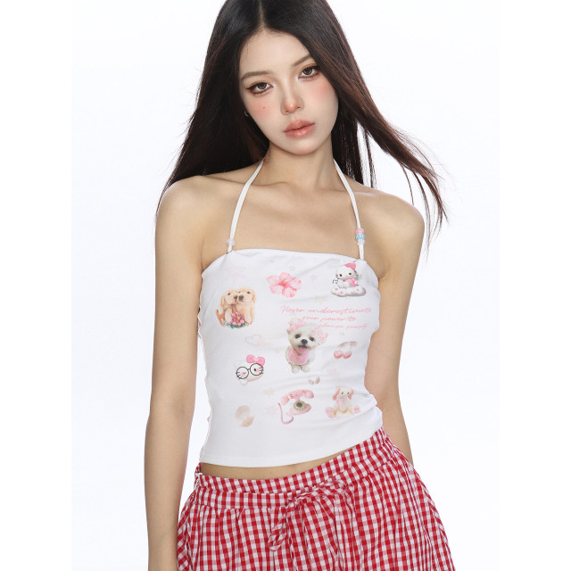 甜辣卡通印花掛脖吊帶背心女夏季顯瘦外穿無袖別致上衣ins