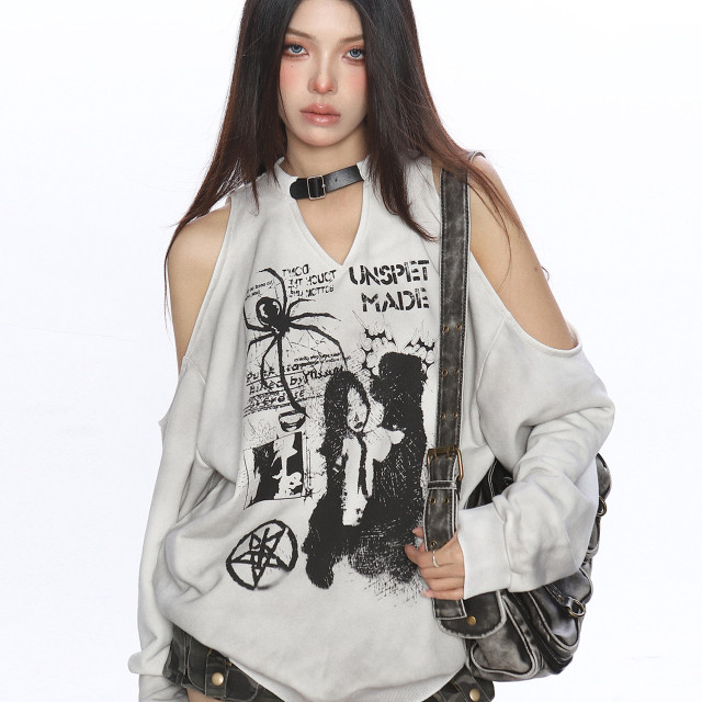 辣妹蜘蛛塗鴉露肩長袖衛衣女秋冬做舊設計感寬松加絨上衣