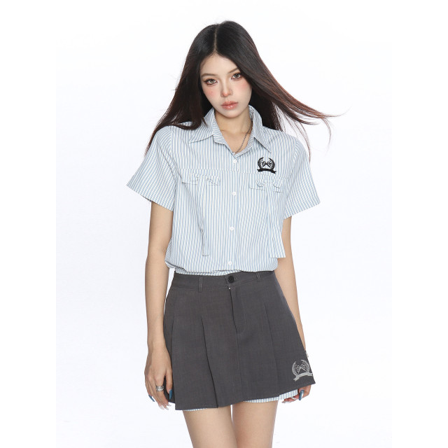 韓系穿搭豎條紋Polo領襯衫套裝女夏季a字顯瘦百褶裙兩件套