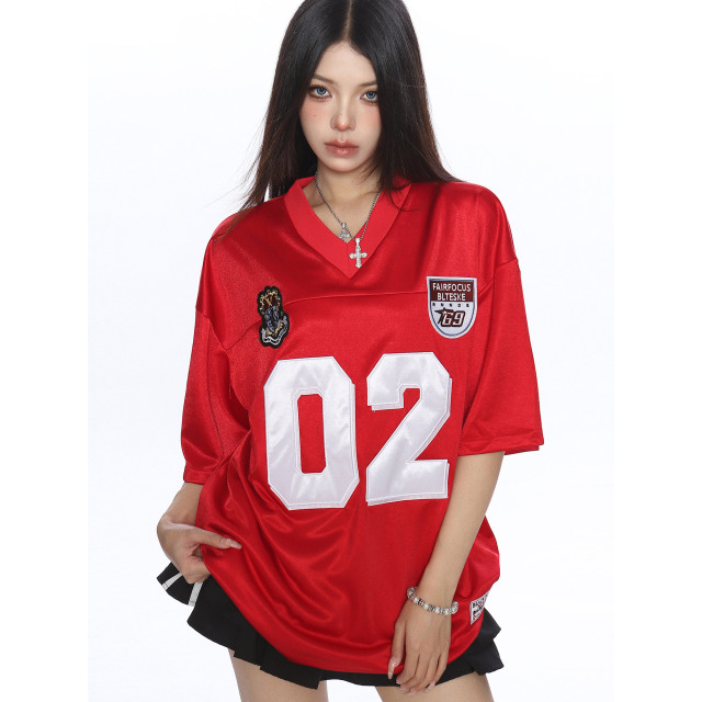 美式緞面字母v領短袖T恤女夏季運動風寬松休閑情侶球衣潮