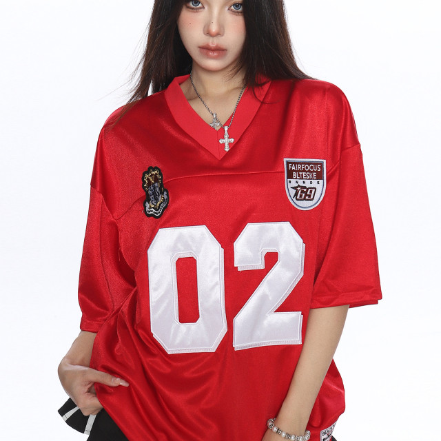 美式緞面字母v領短袖T恤女夏季運動風寬松休閑情侶球衣潮