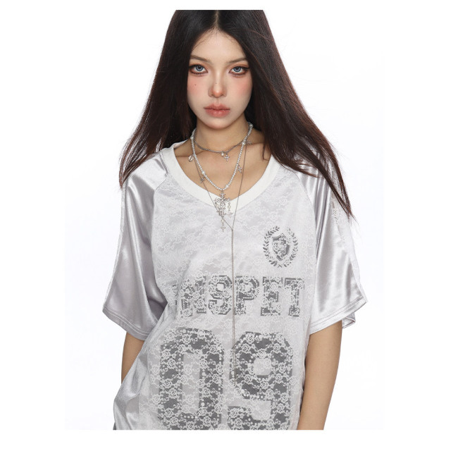 緞面蕾絲拼接v領短袖T恤球衣女夏季澤西風運動顯瘦上衣潮