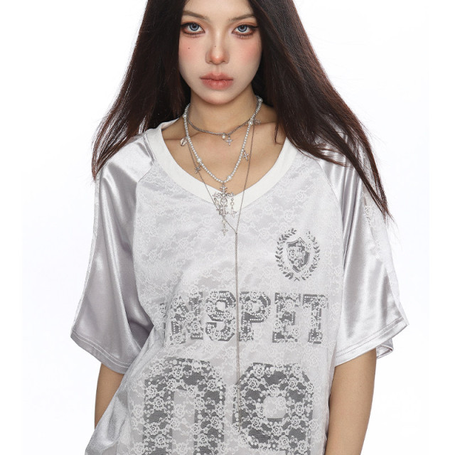 緞面蕾絲拼接v領短袖T恤球衣女夏季澤西風運動顯瘦上衣潮