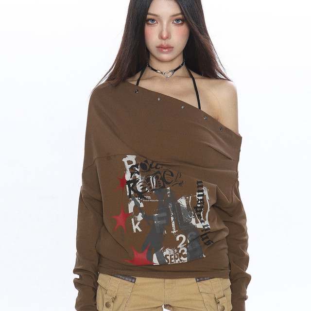 辣妹設計感塗鴉斜肩長袖T恤女秋季蝙蝠袖氣質顯瘦內搭上衣