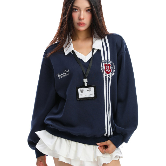 學院風Polo領杠條衛衣女秋冬帶校牌運動風假兩件情侶上衣