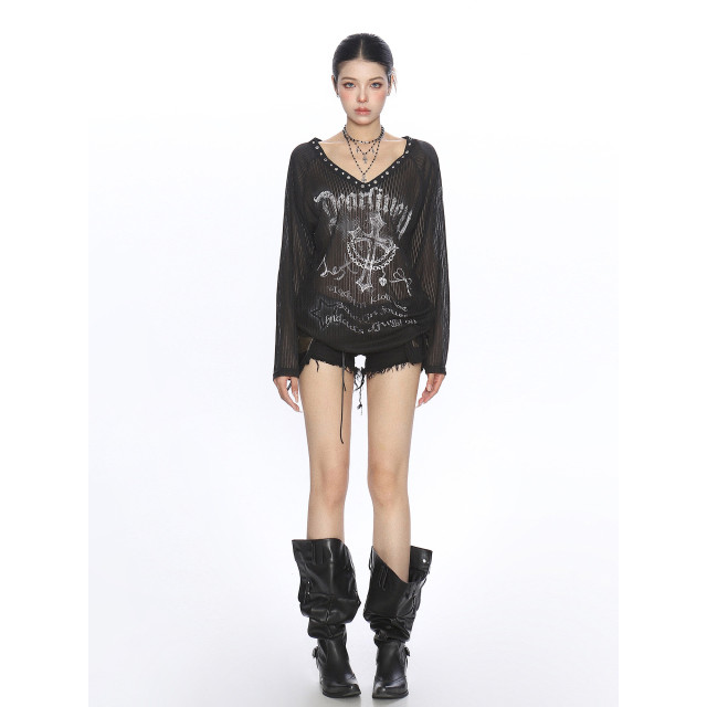 十字架辣妹v領寬松長袖t恤女夏季薄微透防曬罩衫斜肩上衣