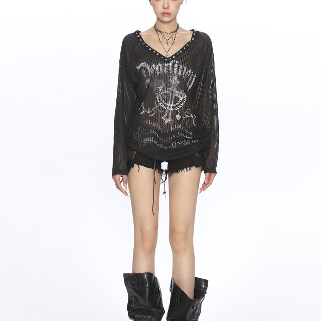 十字架辣妹v領寬松長袖t恤女夏季薄微透防曬罩衫斜肩上衣