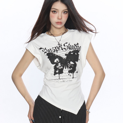 甜酷蝴蝶塗鴉印花短袖T恤女夏季不規則下擺辣妹顯瘦上衣潮